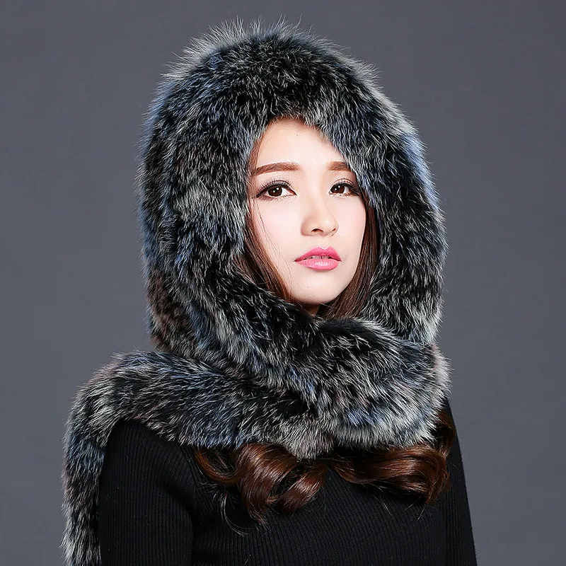 Thicken Fox Fur Scarf Hat Female Winter Fur Scarf One Dual-use New Woven Scarf Hooded Winter Hat