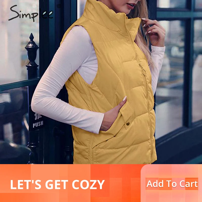 

Simplee Casual sleeveless women down vest Zipper pockets autumn winter female parkas Warm office ladies padded coats vests 2019