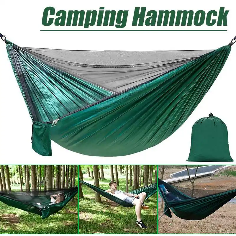 

1-2 Person Outdoor Double Camping Hammock with Mosquito Net Camping Hanging Sleeping Bed Swing Portable Army Green