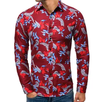 

Men's Shirt Dress Long sleeve Flower printed Casual Shirt For Men Fashion Hawaiian Blouse Male Black Red New