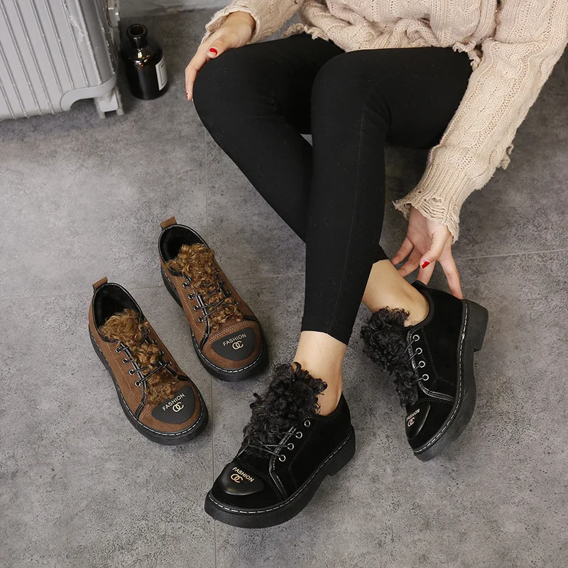 

Leather Boot Women's 2018 Autumn And Winter New Style Boots Low Top Shell Head Wool Lining Warm Boots Snow Boots Women's