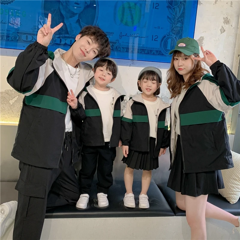 

2021 Korean Family Clothes Dad Son Patchworked Jacket Fall Mom and Daughter Coat Family Matching Outfits Fashion Family Clothing