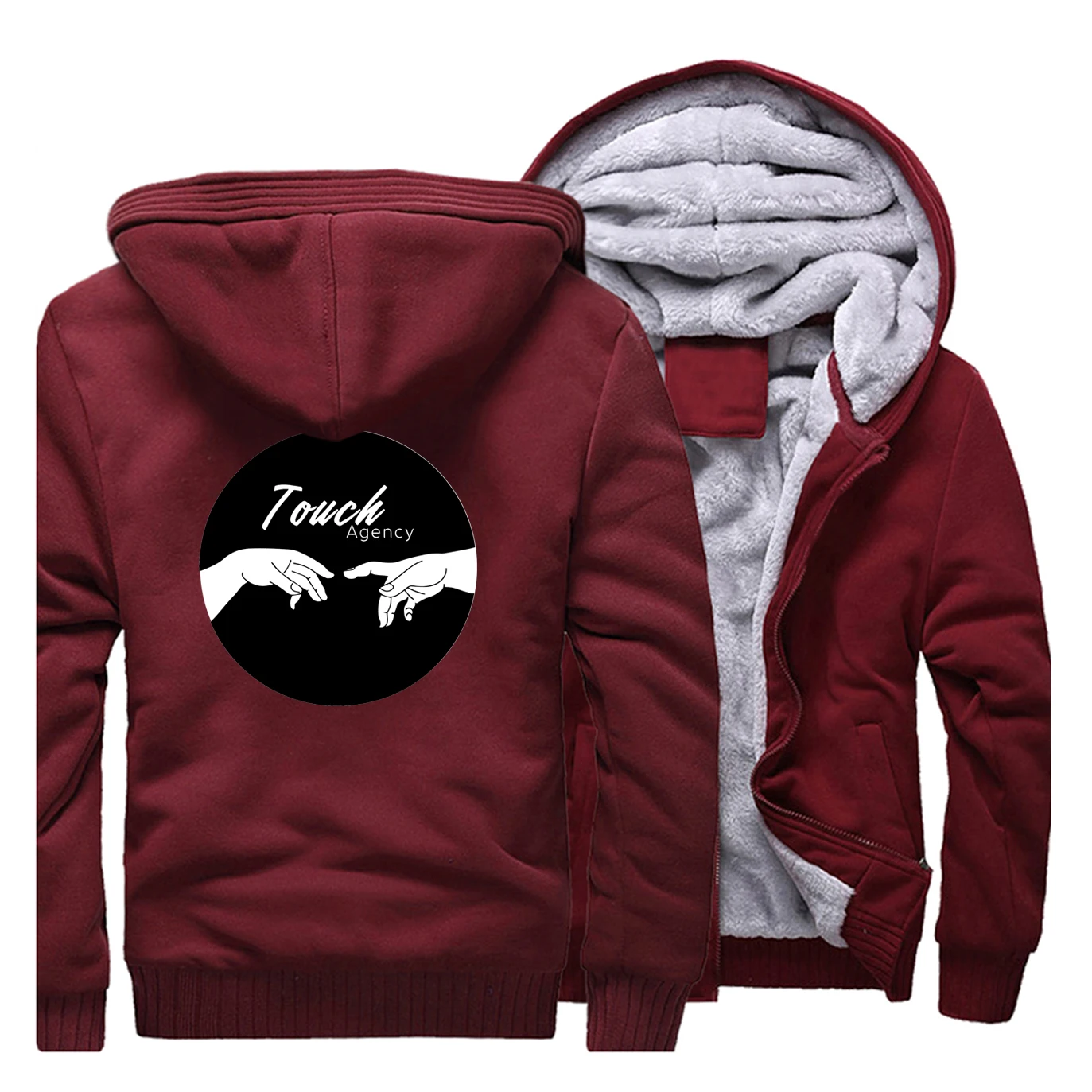 Funny Michelangelo Men's Ragaln Thick Hoodies Sweatshirts Touch Agency Letter Print Clothing Autumn Winter Zip Jacket Warm Coat - Цвет: Wine Red
