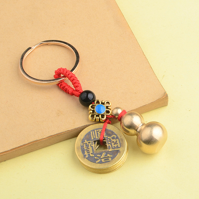 Brass Money Bag Keychain Pendant Handmade Rope Lucky Feng Shui Hanging Jewelry Ancient Five Emperors Coins Car Key Chain