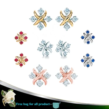 

X-shaped Earring 925 Sterling silver Jewelry Four Zircon fashion Silverware Woman accessories Multicolor Stud Valentine's gift