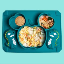 Dinossauro silicone otário pratos placa tigela conjunto de utensílios de mesa bebê alimentação conjunto mesa esteira sucção bandeja aprendizagem comer para crianças