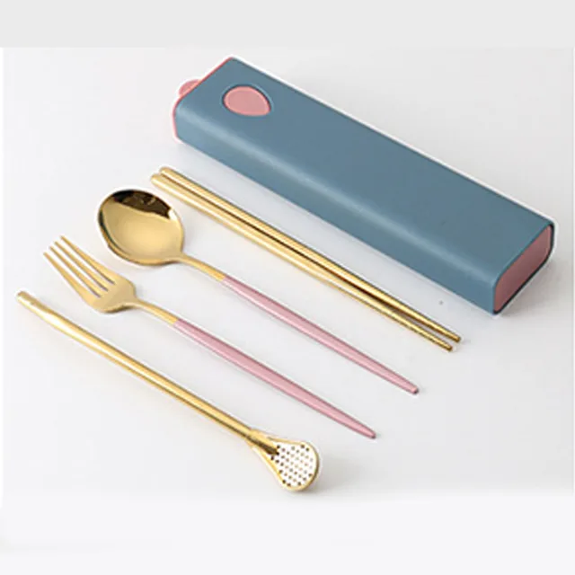 3PCs/4PCs Glossy Stainless Steel Tableware Spoon Fork Knife Straw Reusable Travel Cutlery Set Camp Utensils Set Portable Case B-Pink Gold
