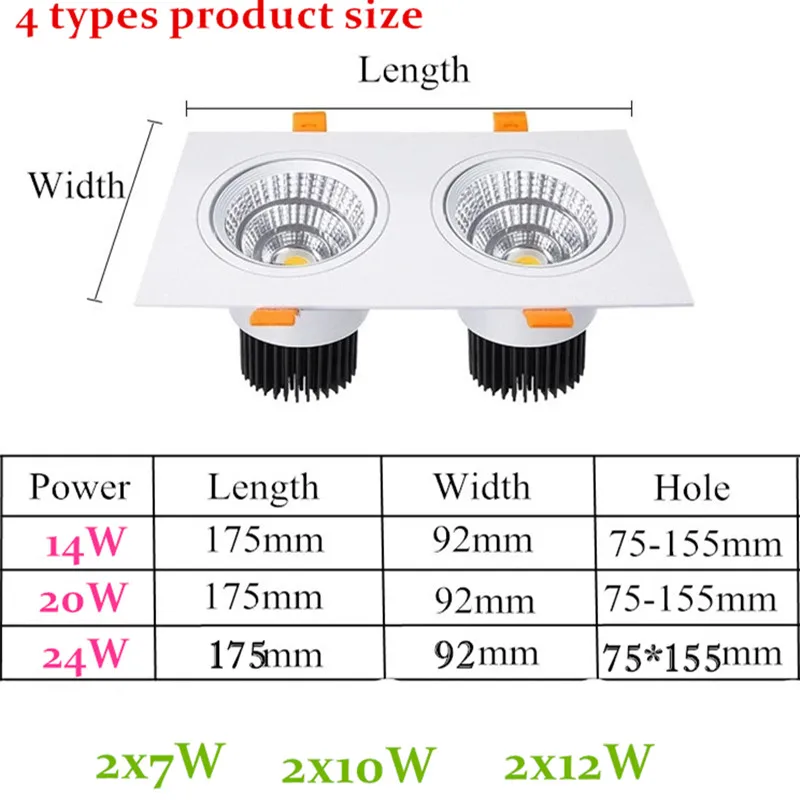 6 Types Square Dimmable LED Downlights Ceiling Lamp 14W 20W 24W Epistar Chip AC90-260V COB Spot Lights Indoor Lighting+Led Drive led kitchen ceiling lights