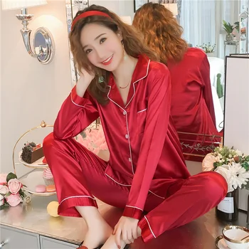 

Large Size Imitated Silk Pajamas Women's Spring And Autumn Korean-style Casual Small Fold-down Collar Cardigan Tracksuit Long Sl
