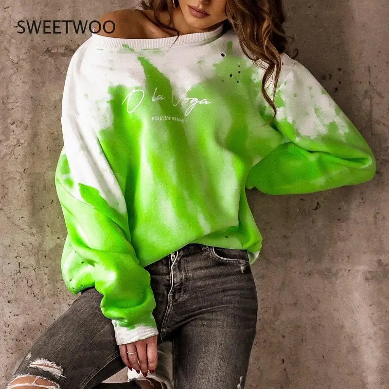 Autumn 2021 Women Sweatshirts Printed Tie Dye Round Neck Fashion Vintage Clothes Aesthetic Long Sleeve Pullover Tops
