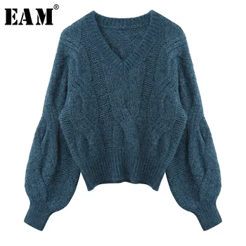 

[EAM] Blue Leisure Knitting Sweater Loose Fit V-Neck Long Sleeve Women Pullovers New Fashion Tide Autumn Winter 2020 1X259