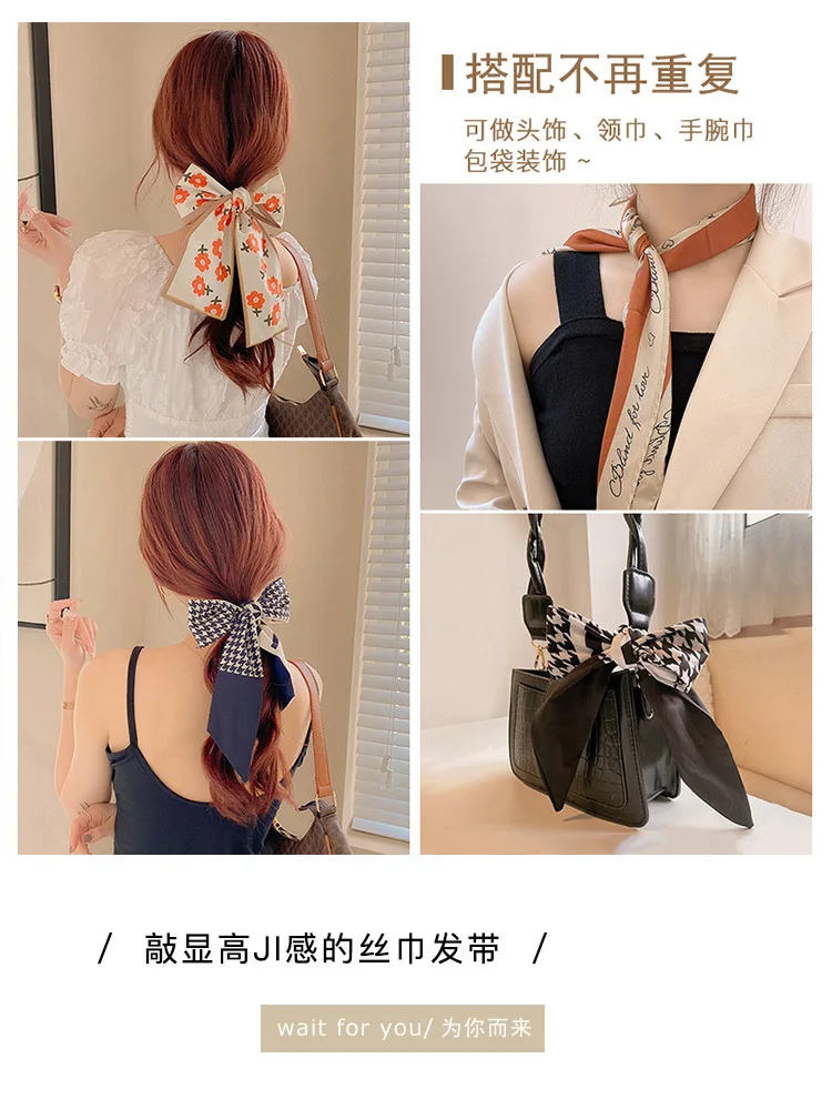 Women Silk Scarf Headband Female Tied Hair Summer Ribbon Retro French Bow Korean Horsetail Bundle Japanese Girl Hair Headdress