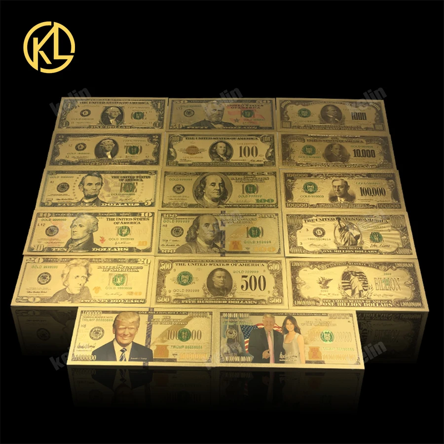 17 шт./лот американские деньги набор позолоченная банкнота 1 2 5 10 20 50 100 долларов банкнот с сусальным золотом поддельные деньги для коллекции