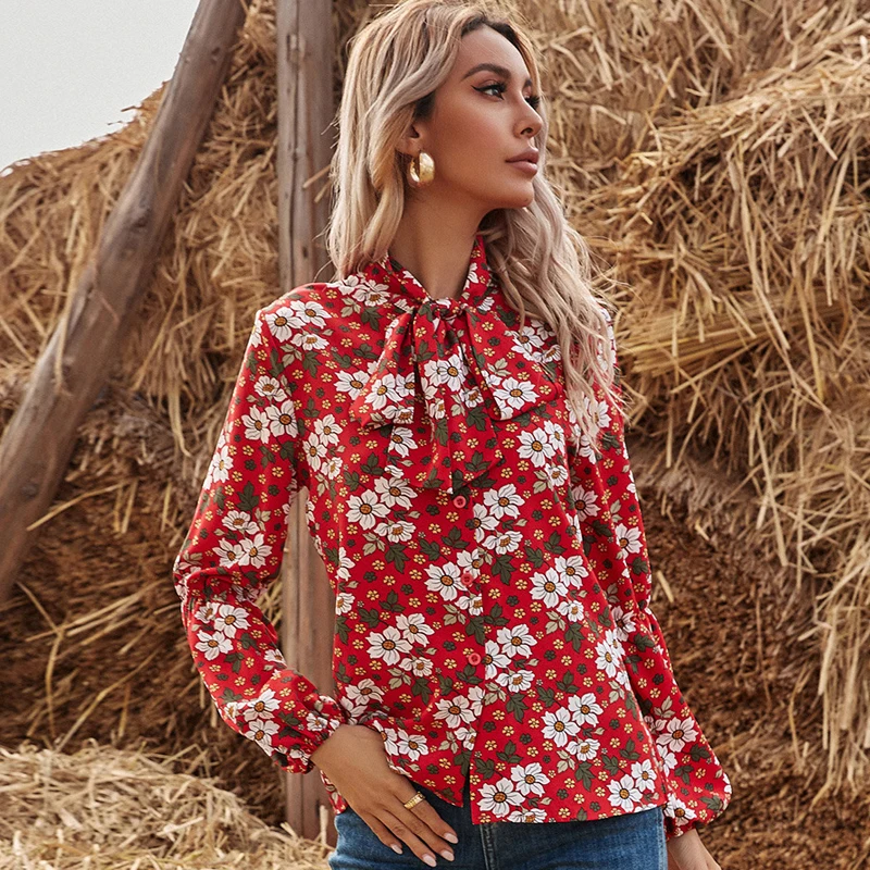 

Women Floral Print Tied Neck Casual Blouse Shirt 2021 Spring Lantern Sleeve Button Blouse Shirt Office Lady Basic Blusas New