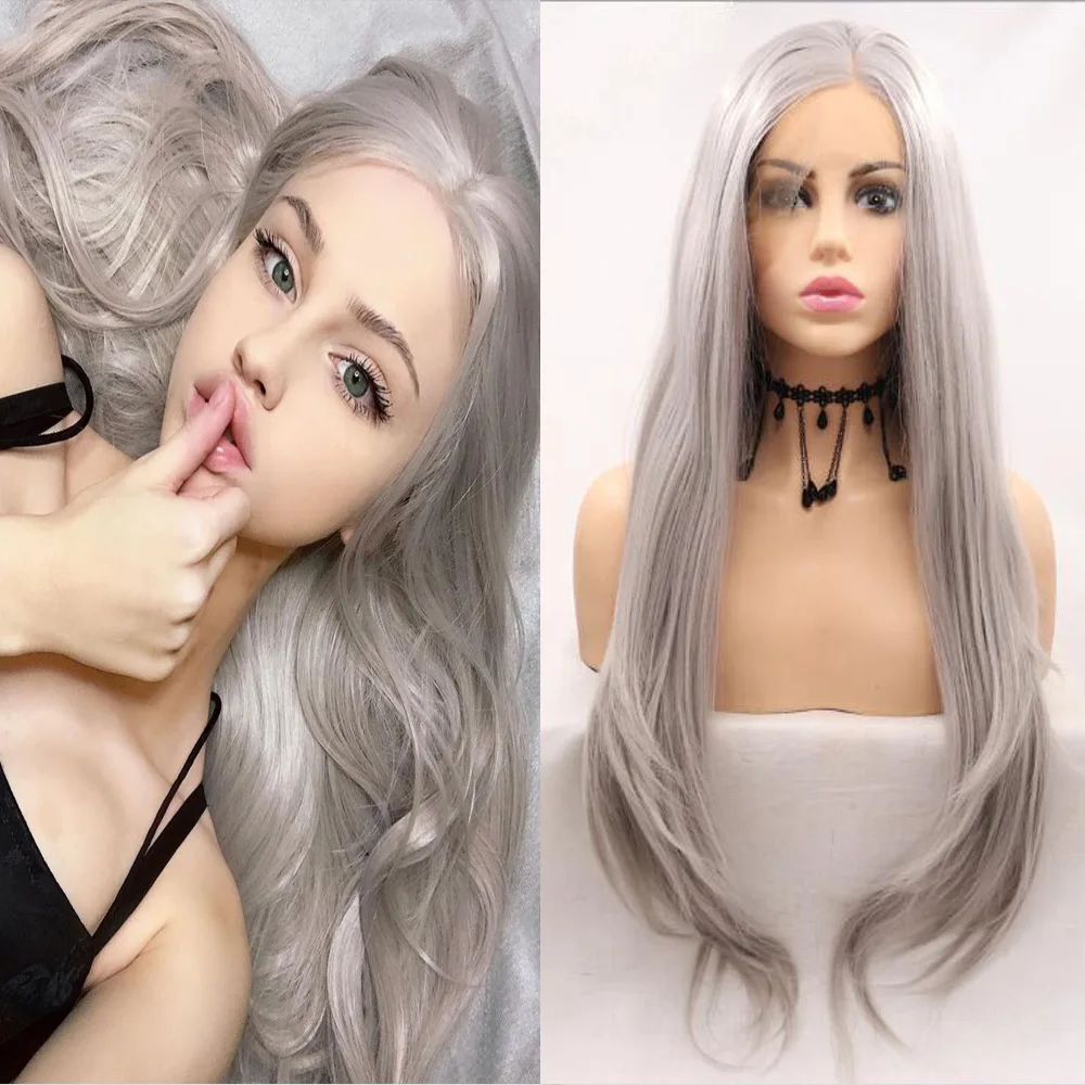 

Long Straight Synthetic Lace Front Wig Cosplay Silver Gray Lolita Frontal Glueless Platinum Blonde White Hair For Black Women