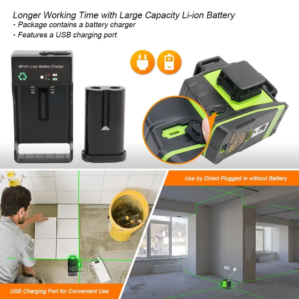 US $77.40 Huepar 3x360 Laser Level 3d Green Beam Self Leveling Cross Line Three Plane Leveling Alignment Laser Tool Usb Charging Port