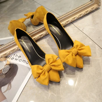 

2020 spring new cat with bow elegant style fine suede wild pointed high-heeled shoes children