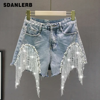 

2020 new Women's Summer Denim Hot Pants New European Style Heavy Beaded Sequin Fringed Denim Shorts Female Wide-Leg Shorts Jeans