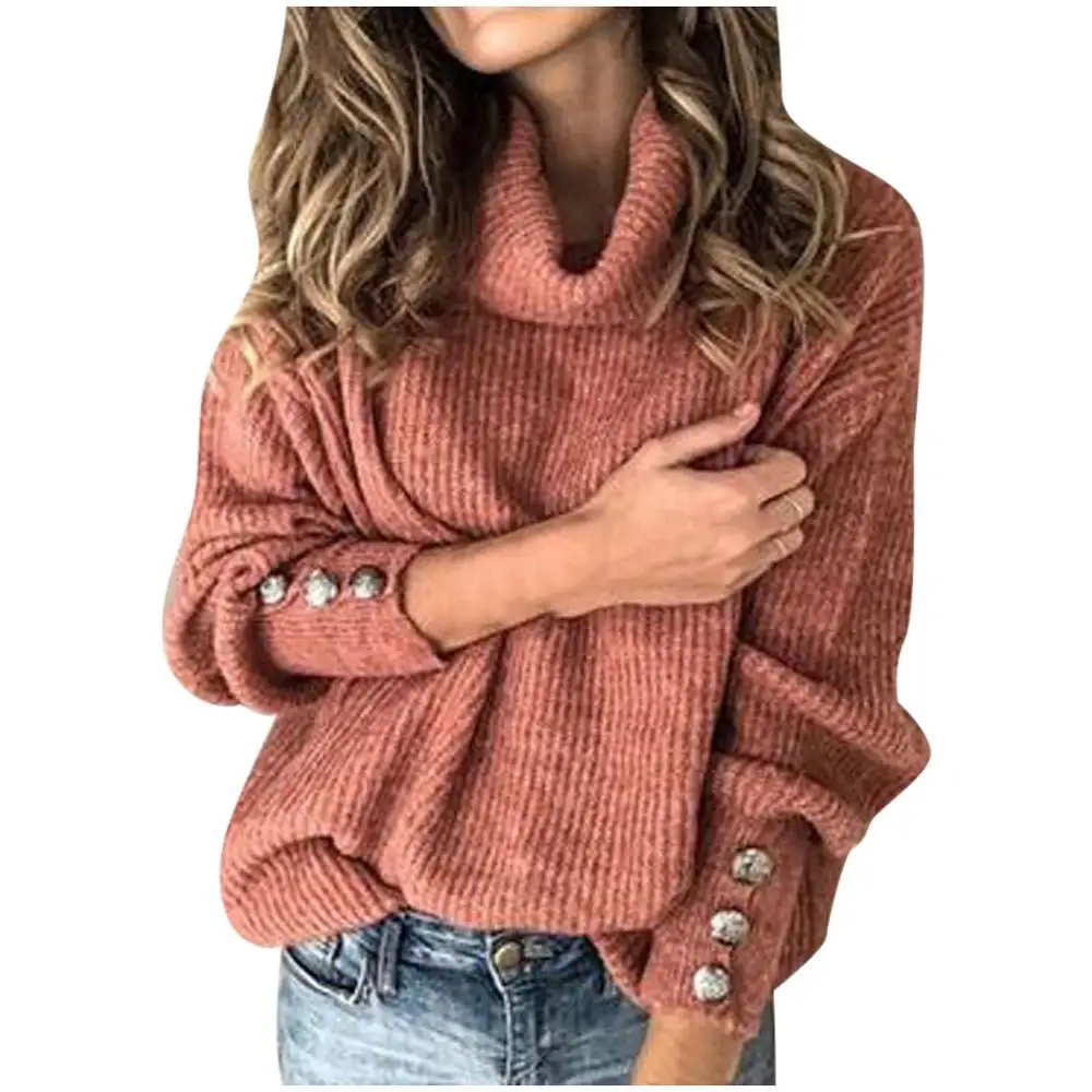 Повседневный теплый вязаный свитер с воротником под горло на осень и зиму, пуловер с длинными рукавами, топы, элегантные женские джемперы с заклепками и пуговицами, для женщин, 5XL - Цвет: Красный