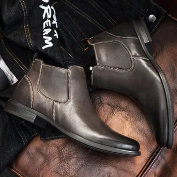 

2019 Men Leather Boots Men's Shoes Genuine Leather Martins Shoes Motorcycle Design Retro Muscle Ankle Boots For Man Shoes F4-52