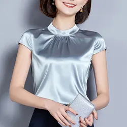 Partes Superiores das mulheres e Blusas Casual OL Blusa De Seda Verão Solto Básico de Cetim Desgaste do Trabalho Camisa Feminina Blusas Tops Camisas Plus Size tamanho XXL blusas femininas de verão 2019