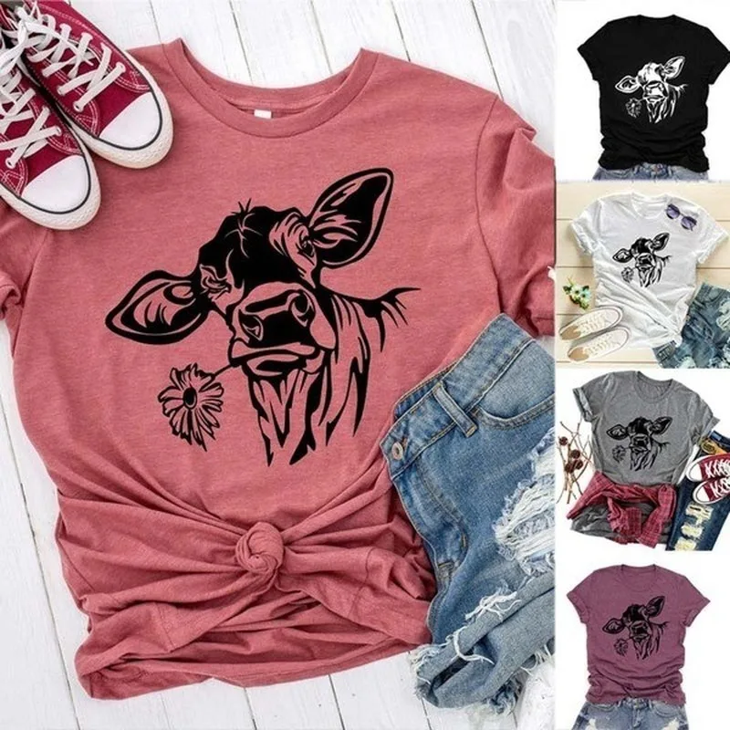

Cattle Eat Flowers Print T Shirt Women Short Sleeve O Neck Loose Tshirt Summer Women Tee Shirt Tops Camisetas Mujer
