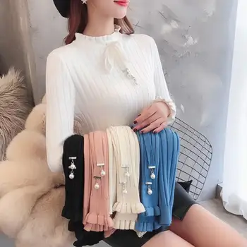 

Women Winter Sweater Pullovers Casual Ruffled Collar Long Sleeve Slim Sweaters Petal Sleeve Bead Knitted Jumpers Sweaters