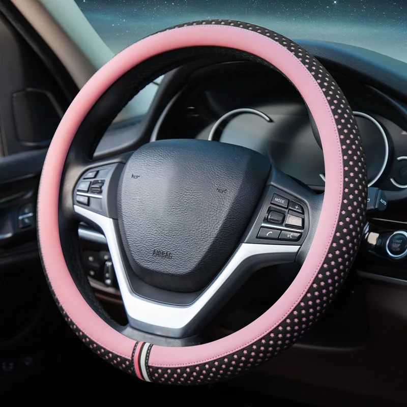 Pink Pink Flax Breathable Soft Anti Skid Car Accessories for Women Men Universal 15 inch Car Steering Wheel Cover 
