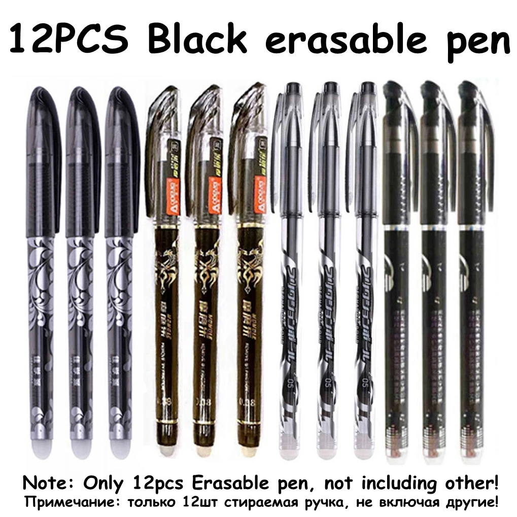Note-12PCS-Black pen 100 шт./компл. стираемая ручка с заправляемым стержнем моющиеся ручка стержень гелевая ручка 0,5 мм синий/черный ручек молочного цвета стержень для школы и офиса письменные канцелярский подарок - Цвет: Note-12PCS-Black pen