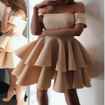 

Champagne Ruched Tiered A-line Cocktail Dresses Short Sleeve Knee-Length Satin Party Gown коктейльное платье