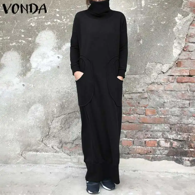 Goede Winter Herfst Vrouwen Jurk Zakken Schildpad Kraag Lange Mouw Sweatshirt Maxi Jurk Vonda 2019 Casual Losse Plus Size Vestidos