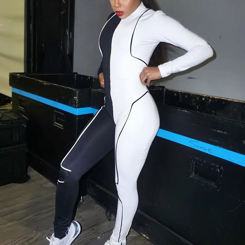 

White Black Patchwork Women Jumpsuit Sexy Striped Long Sleeve O Neck Leggings Bodycon Jumpsuit Zipper Night Clubwear Overalls