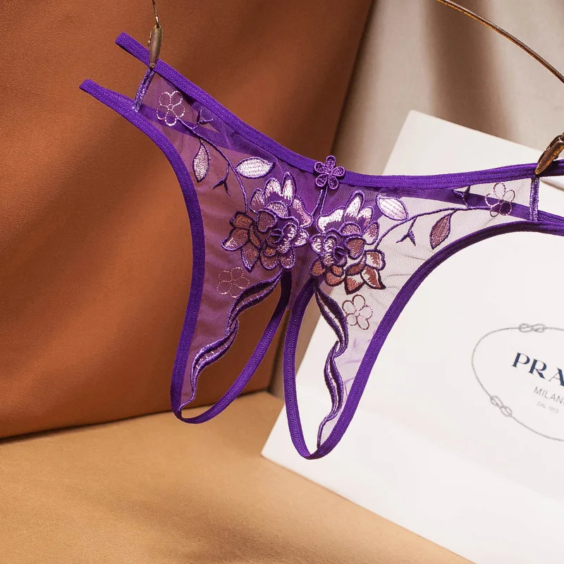 

Sexy Lace French Floral Embroidery Hollow Free Take-off Panties Women's Open File Panties Low-waist Transparent Thong
