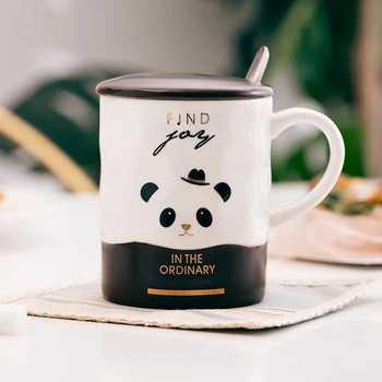 

Ceramic Mug with Lid + Spoon, Office Lid Cup Coffee Cup Tea Cup Milk Cup Oatmeal Cup Double Color Cup-Panda