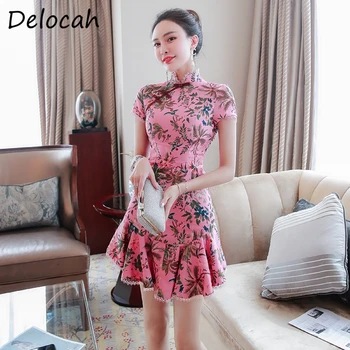 

Delocah Summer Women Fashion Runway Short Dress Short Sleeve Ruffles Floral Print Chinese Style Ladies Slim Party Dresses 2020