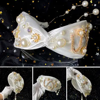 

Wedding Bridal Satin Twist Knot Headband Crystal Star Beaded Flower Hair Hoop Imitation Pearl Pendant Tassel Headdress