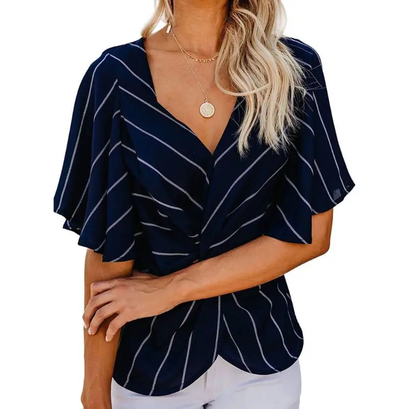 Women Short Batwing Sleeves Chiffon Tops Stripes Printed Ruched Twist Knotted Front Sexy V-Neck Empire Waist Shirts S-2XL