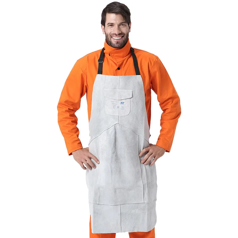 Gray White Welding Apron Heat Insulation Split Cow Leather Work Protective Aprons Flame Resistant Welders Workplace Safety Clothing - Цвет: Gray White