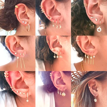 

Vintage Geometric Crystal Star Lightning Moon Eye Drop Earrings For Women New Boho Feather Chain Earring Set Female Jewerly Gift