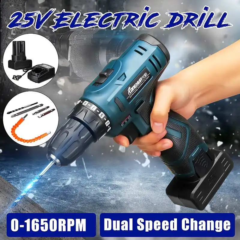 

25V Cordless Electric Screwdriver Cordless Drill Li-Ion Battery Handheld Rechargeable Drill Impact Power Driver LED Lighting