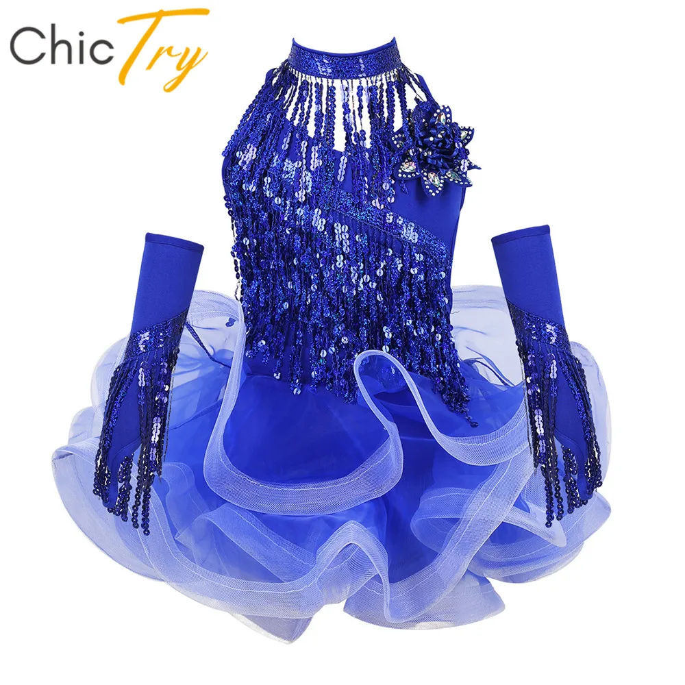 

ChicTry Kids Girls Sequins Tassels Stage Performance Costume Samba Salsa Latin Dance Dress with Shorts Choker Arm Sleeves Set