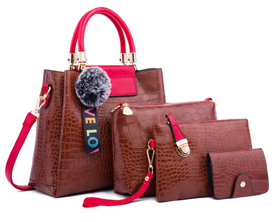 1 комплект/4 шт., повседневная женская сумка с клапаном, большая сумка-шоппер на плечо, Сумка с верхней ручкой, фирменный дизайн, модные женские роскошные сумки - Цвет: Brown and Red