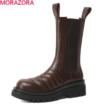

MORAZORA 2020 Genuine leather boots thick heels square toe ankle boots autumn winter slip-on solid color women boots black