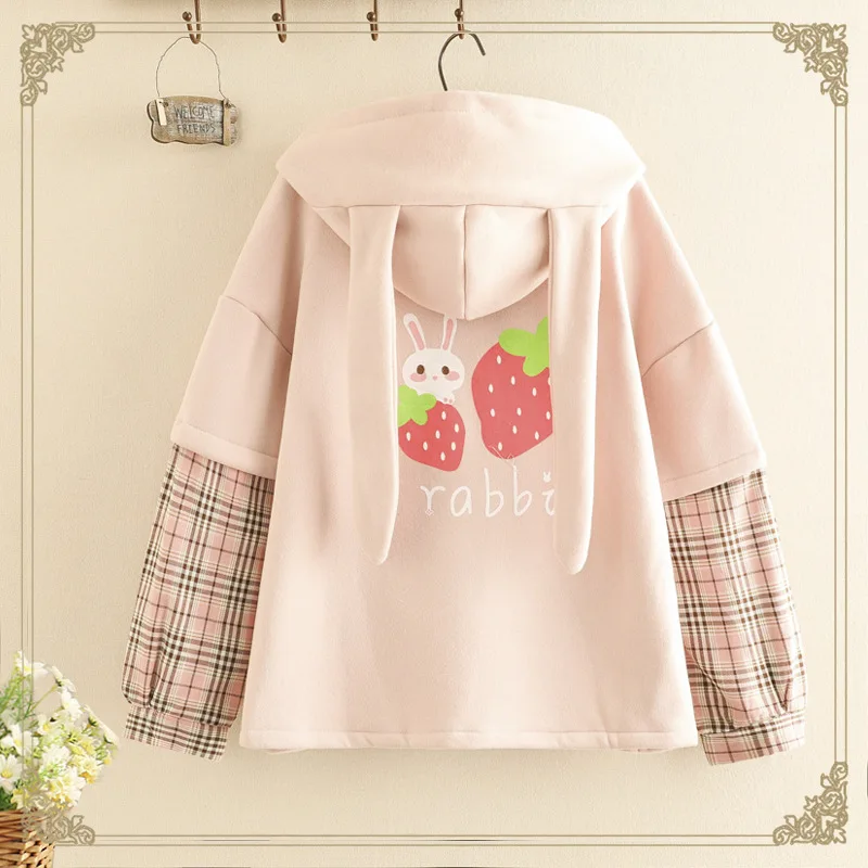 

Autumn Loose Splice Plaid Plus velvet Hoodie Strawberry Rabbit Print Sweatshirt Female Students pullover long sleeve hooded Tops
