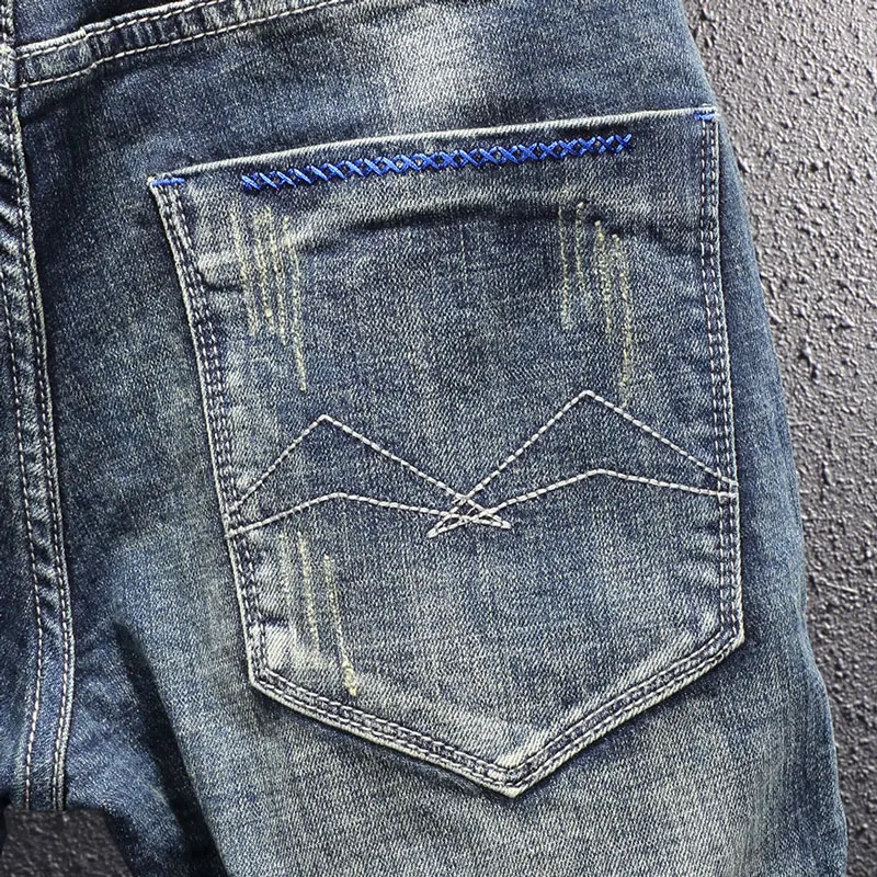 Newly Vintage Fashion Jeans High Quality Retro Blue Elastic Slim Fit Ripped Jeans Men Embroidery Designer Casual Denim Pants