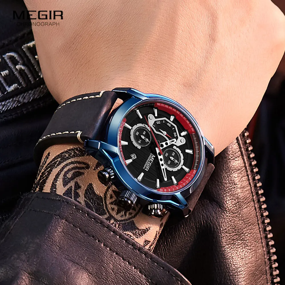 Megir Luxury Chronograph Quartz Watches Men Top Brand Leather Wristwatch Man Waterproof Luminous-5