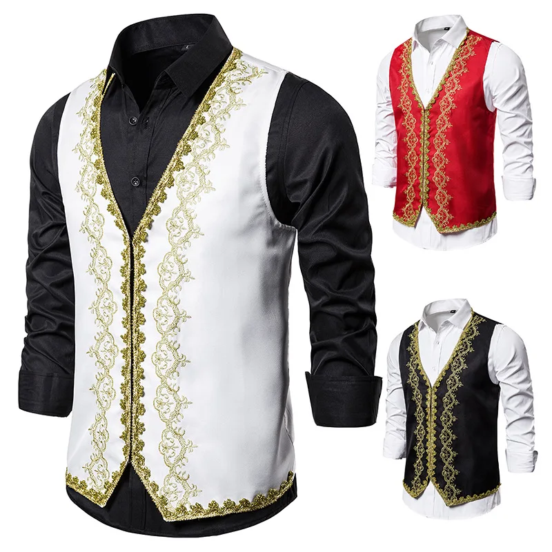 

European Style Men Dress Vest Fashion Embroidery Waistcoat Sleeveless Costume Vests Male V Neck Wedding Party Stage Singer Gilet