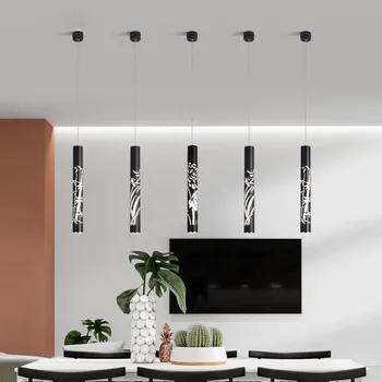 

New Arrive Creative Hollow Led Pendant Light Black Cylindrical Hanging Lamp Acrylic+Metal Plum Blossom Orchid Bamboo Chrysanthem