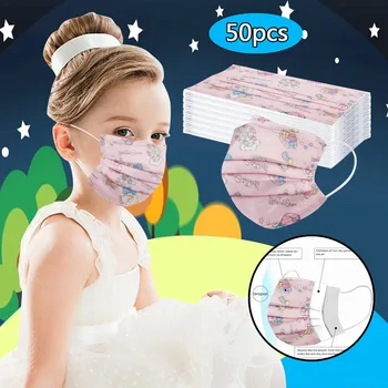 

50PCS/100PS Kids Children Mask Disposable Face Mask Industrial 3Ply Breathable Comfortable Pink Cartoon Unicorn Face Kids Masks