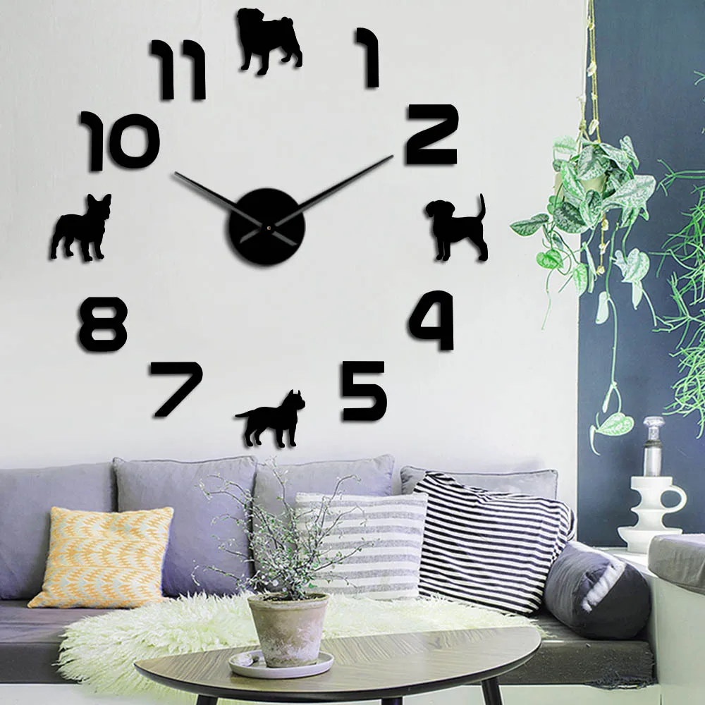 

Different Dog Breeds Puppy Dogs DIY Large Wall Clock Pug Pit Bull French Bulldog Beagle Wall Watch 3D Mirror Effect Wall Sticker